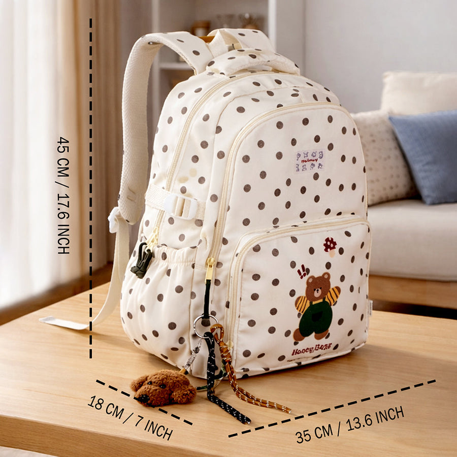 Cream Polka Dot Honey Bear Print School Backpack with Detachable Plush Dog Keychain for Kids