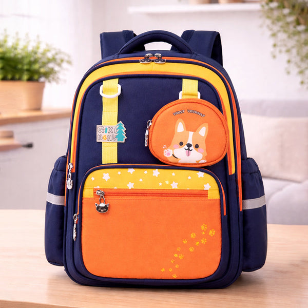 Navy Blue & Orange Fox School Backpack with Detachable Pouch for Kids