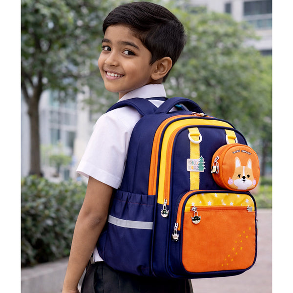 Navy Blue & Orange Fox School Backpack with Detachable Pouch for Kids