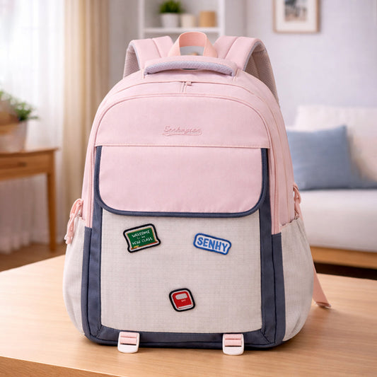 Pink & Grey Badge styled School Backpack for Kids & Teens