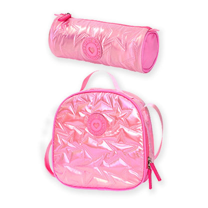 Little Surprise Box, 3pcs Shiny Pink Star Matching Backpack, Lunch Bag and Stationery Pouch, 8years to Adults