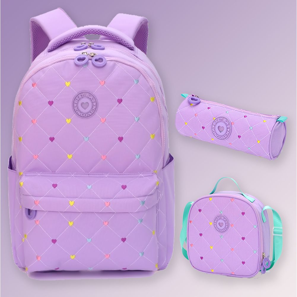 Little Surprise Box, 3pcs Purple Mini Heart Matching Backpack, Lunch Bag and Stationery Pouch