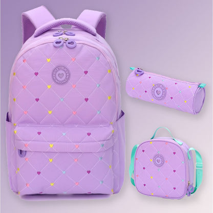 Little Surprise Box, 3pcs Purple Mini Heart Matching Backpack, Lunch Bag and Stationery Pouch