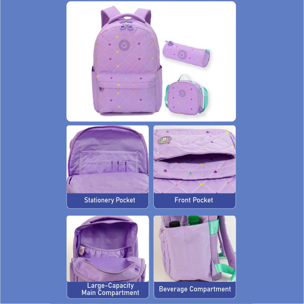 Little Surprise Box, 3pcs Purple Mini Heart Matching Backpack, Lunch Bag and Stationery Pouch