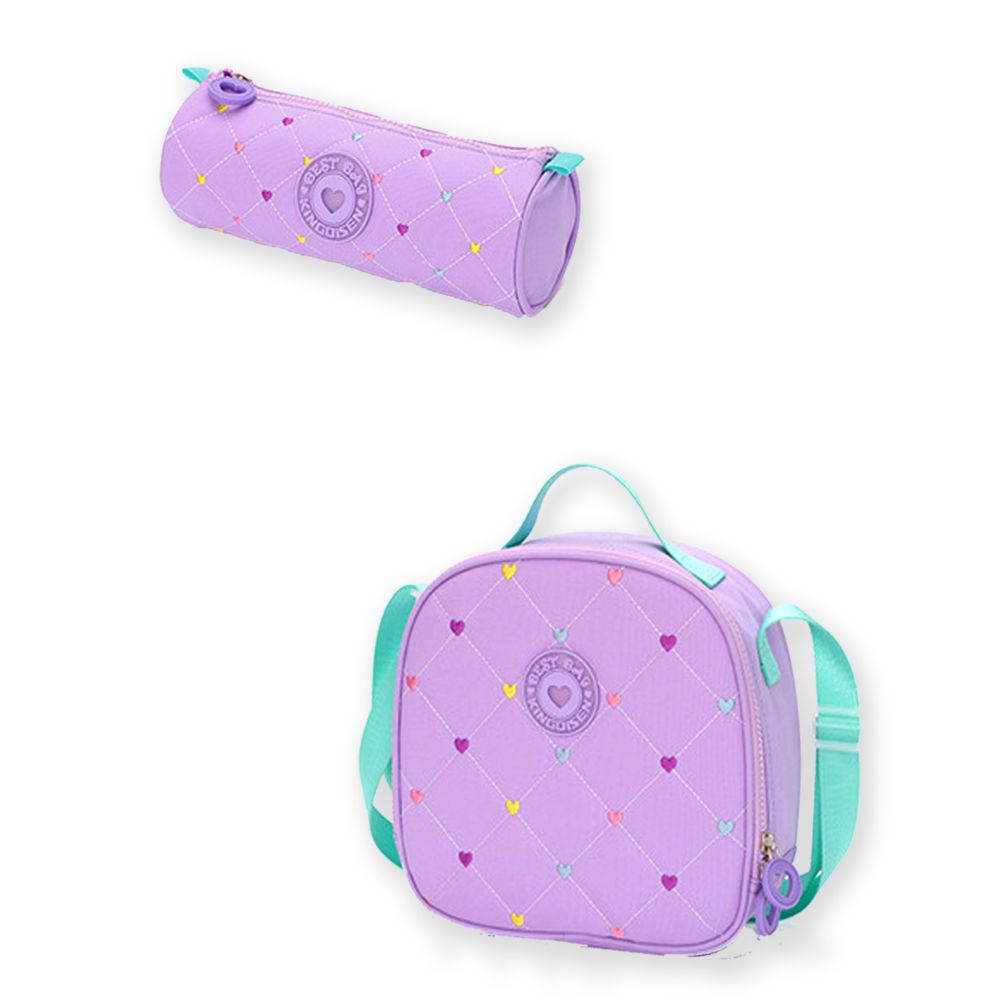 Little Surprise Box, 3pcs Purple Mini Heart Matching Backpack, Lunch Bag and Stationery Pouch