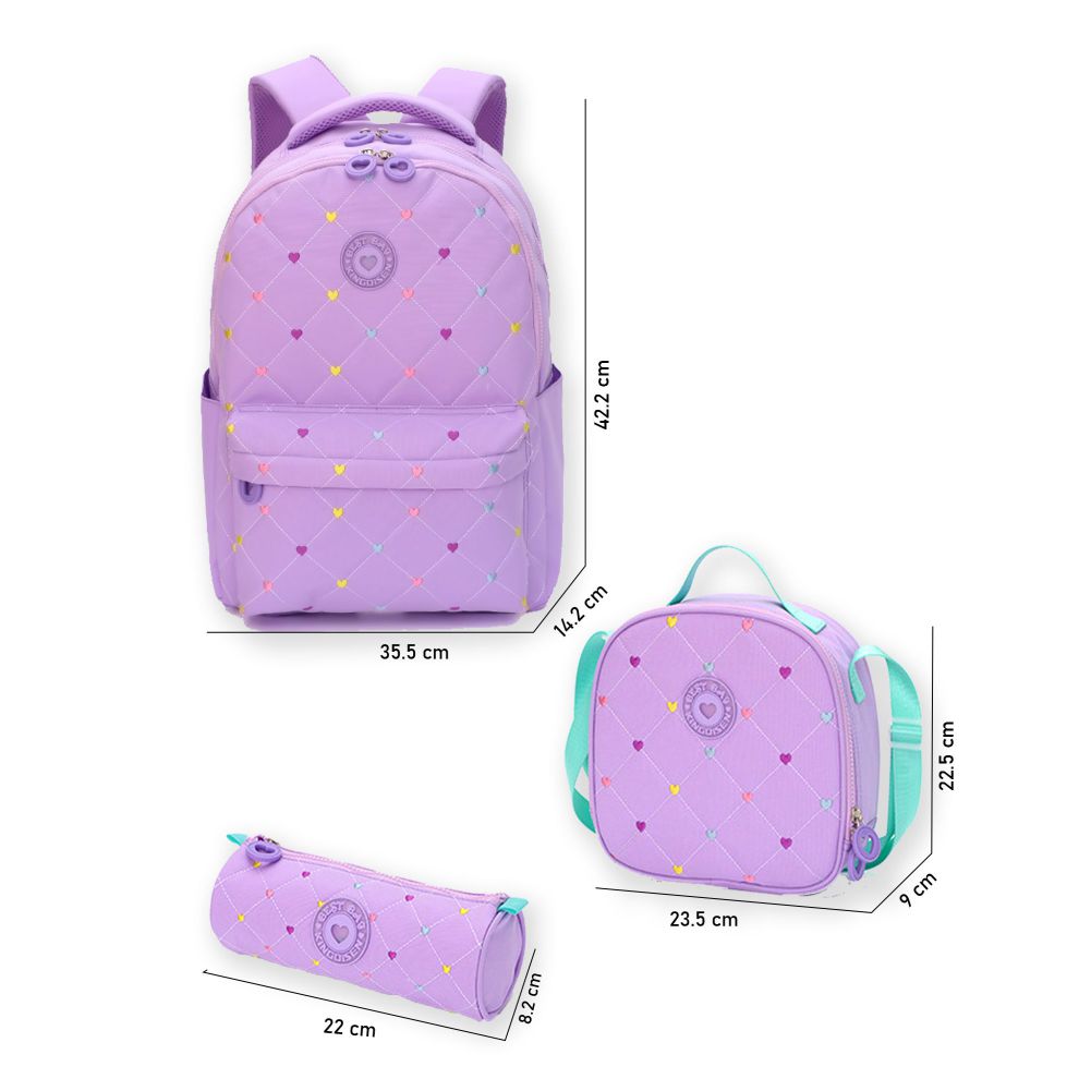 Little Surprise Box, 3pcs Purple Mini Heart Matching Backpack, Lunch Bag and Stationery Pouch