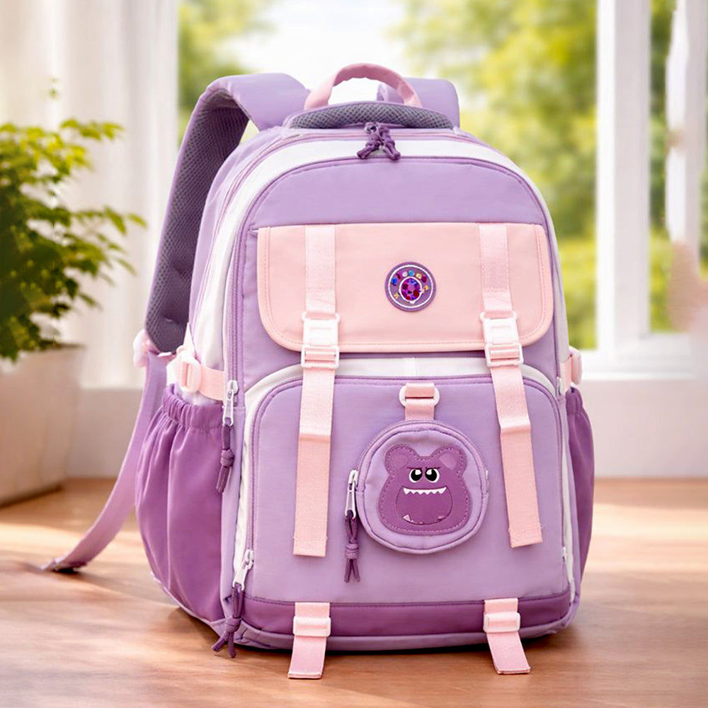 Pastel Purple & Pink Color-Block with Character Pouch School Backpack for Kids