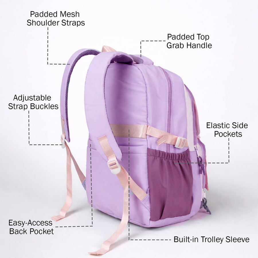 Pastel Purple & Pink Color-Block with Character Pouch School Backpack for Kids