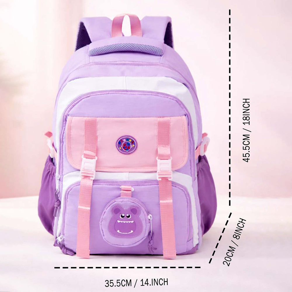 Pastel Purple & Pink Color-Block with Character Pouch School Backpack for Kids