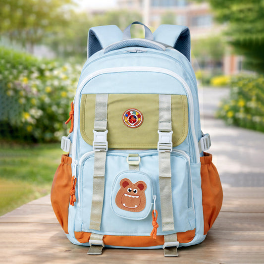 Teal, Orange & Brown Color-Block with Character Pouch School Backpack for Kids