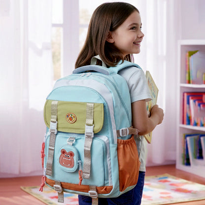 Teal, Orange & Brown Color-Block with Character Pouch School Backpack for Kids