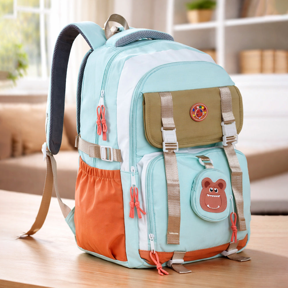 Teal, Orange & Brown Color-Block with Character Pouch School Backpack for Kids