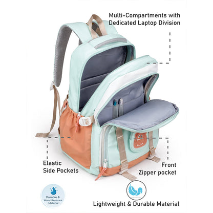 Teal, Orange & Brown Color-Block with Character Pouch School Backpack for Kids