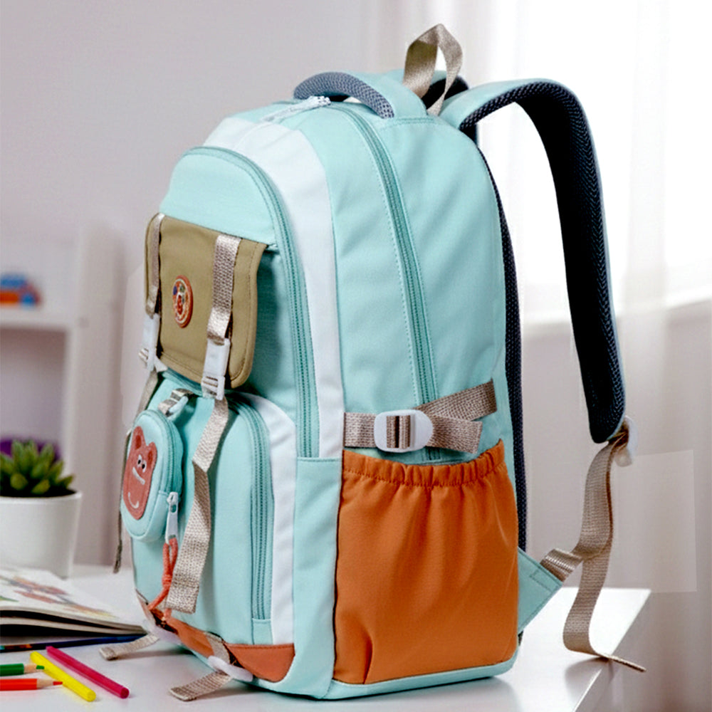Teal, Orange & Brown Color-Block with Character Pouch School Backpack for Kids