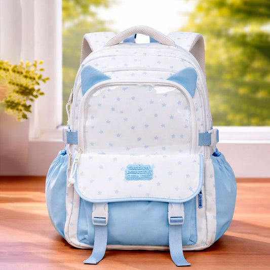 White & Blue Star Print, Ear Detailed School Backpack for Kids