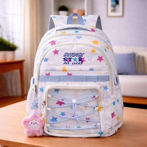 White Multicolor Star Print with Front Bungee Pocket School Backpack with Detachable Plush Star Keychain & Star Pins for Kids