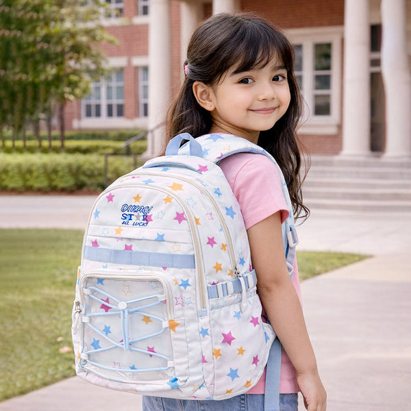 White Multicolor Star Print with Front Bungee Pocket School Backpack with Detachable Plush Star Keychain & Star Pins for Kids