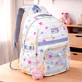 White Multicolor Star Print with Front Bungee Pocket School Backpack with Detachable Plush Star Keychain & Star Pins for Kids