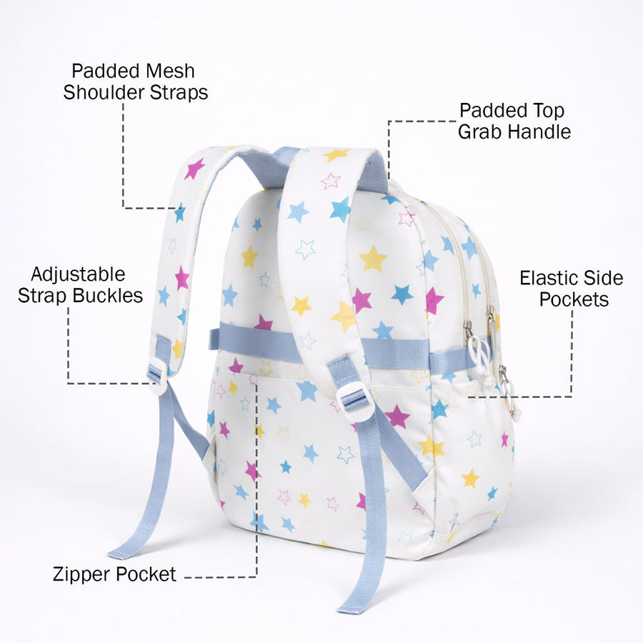 White Multicolor Star Print with Front Bungee Pocket School Backpack with Detachable Plush Star Keychain & Star Pins for Kids