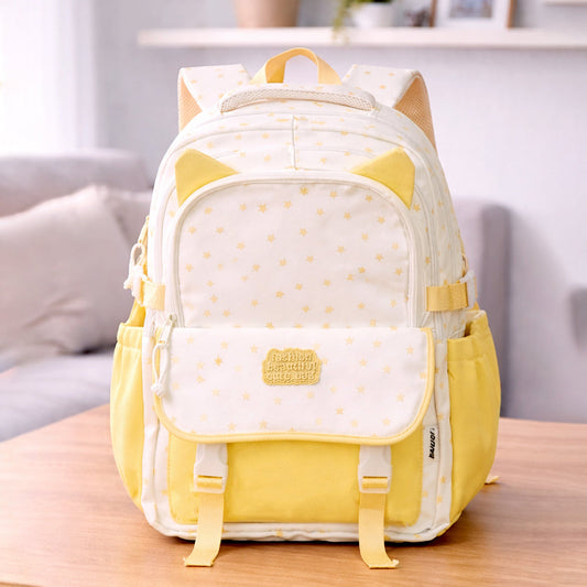 White & Pastel Yellow Star Print, Ear Detail School Backpack for Kids