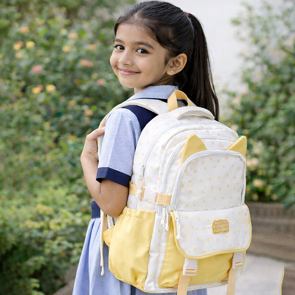 White & Pastel Yellow Star Print, Ear Detail School Backpack for Kids