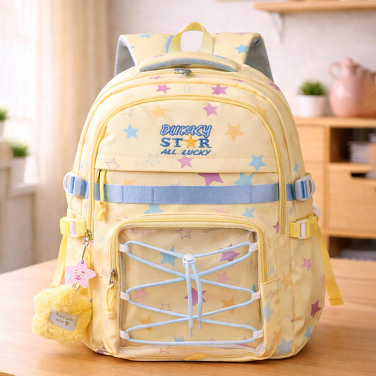 Pastel Yellow Star Print with Front Bungee Pocket School Backpack with Detachable Plush Star Keychain & Star Pins for Kids