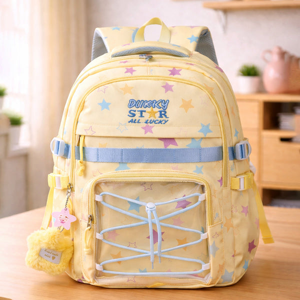 Pastel Yellow Star Print with Front Bungee Pocket School Backpack with Detachable Plush Star Keychain & Star Pins for Kids