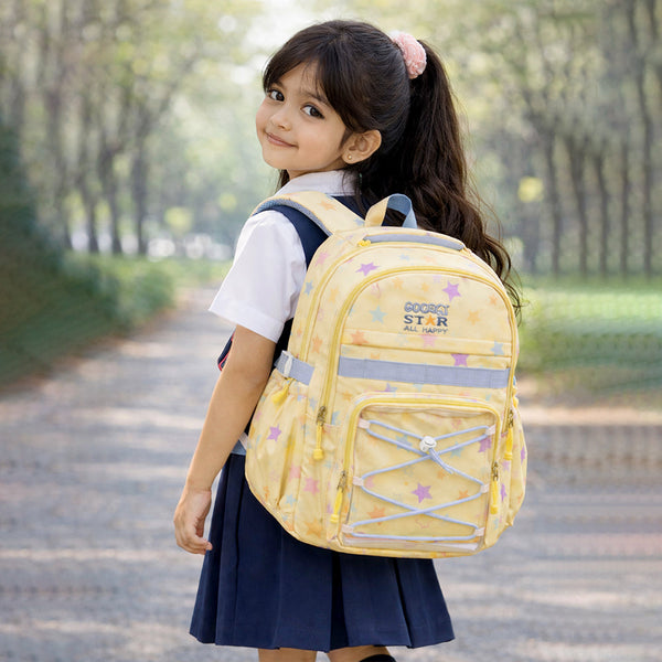 Pastel Yellow Star Print with Front Bungee Pocket School Backpack with Detachable Plush Star Keychain & Star Pins for Kids