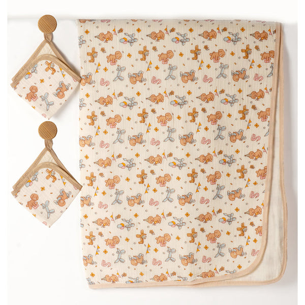 Little Surprise Box,  Puppy print muslin cotton blanket with 2 matching Napkins for Newborn & Infants