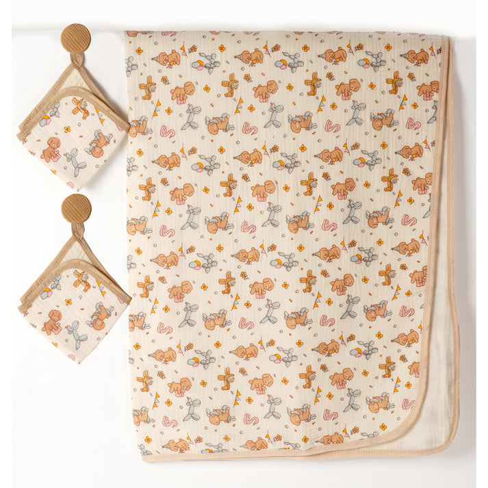 Little Surprise Box,  Puppy print muslin cotton blanket with 2 matching Napkins for Newborn & Infants