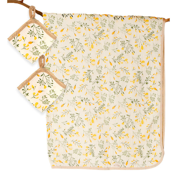 Little Surprise Box,Yellow Flower muslin cotton blanket with 2 matching Napkins for Newborn & Infants