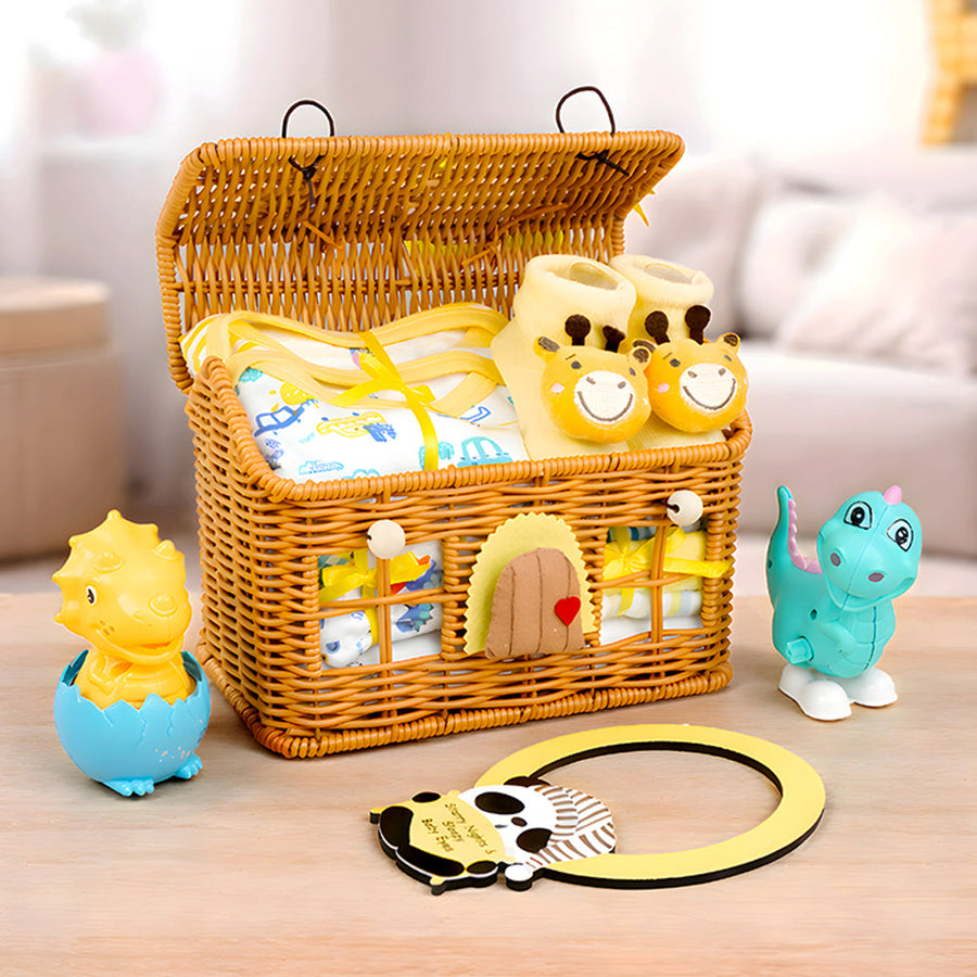 15 pcs Yellow Blessed Home cane basket Nuetral gender Newborn Hamper/Giftbox set for Newborn Baby Girl/Boy ,0-6 months