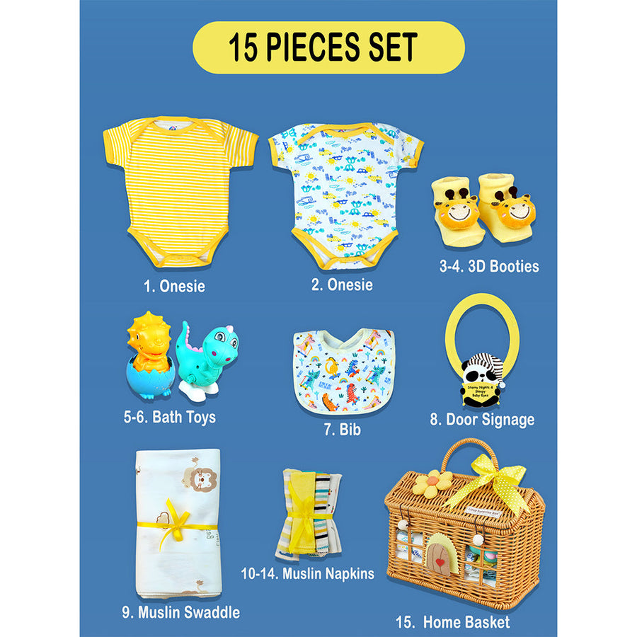 15 pcs Yellow Blessed Home cane basket Nuetral gender Newborn Hamper/Giftbox set for Newborn Baby Girl/Boy ,0-6 months