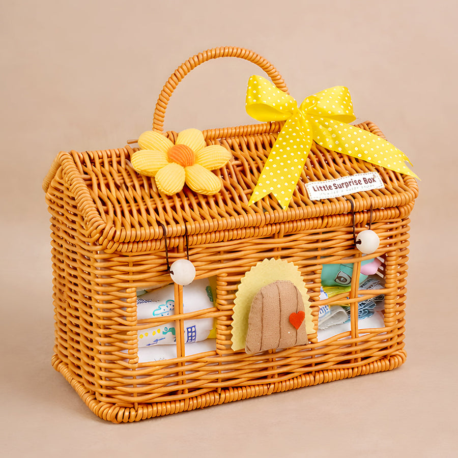 15 pcs Yellow Blessed Home cane basket Nuetral gender Newborn Hamper/Giftbox set for Newborn Baby Girl/Boy ,0-6 months