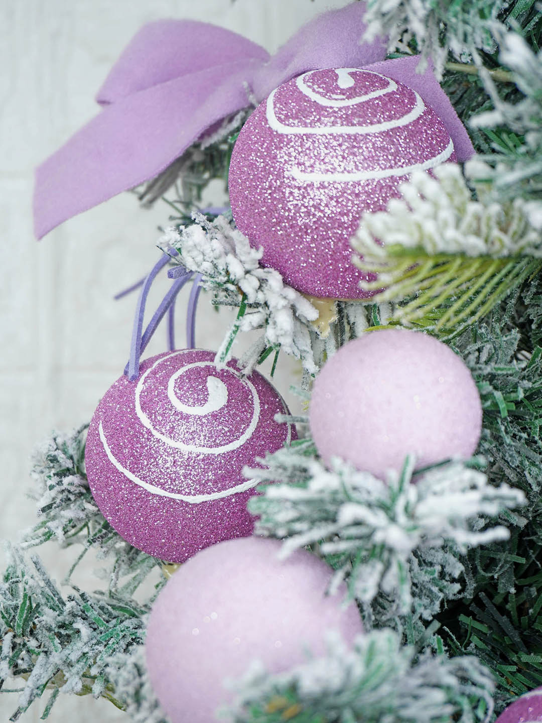 3 feet Pastel Purple Swirl Snowy Bushy Christmas Tree filled with balls and ornament Fillers