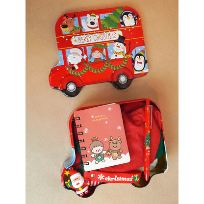 7 Pcs Premium Christmas Gift Combo Set– Red Bus Tin with Notebook, Elf Hat, Wrist Band & Accessories