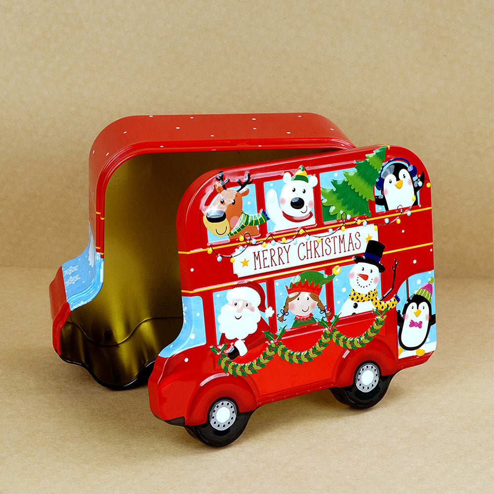 7 Pcs Premium Christmas Gift Combo Set– Red Bus Tin with Notebook, Elf Hat, Wrist Band & Accessories