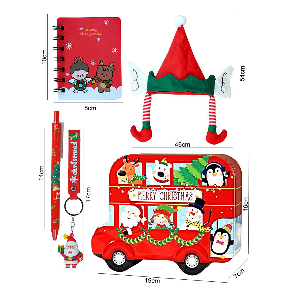 7 Pcs Premium Christmas Gift Combo Set– Red Bus Tin with Notebook, Elf Hat, Wrist Band & Accessories