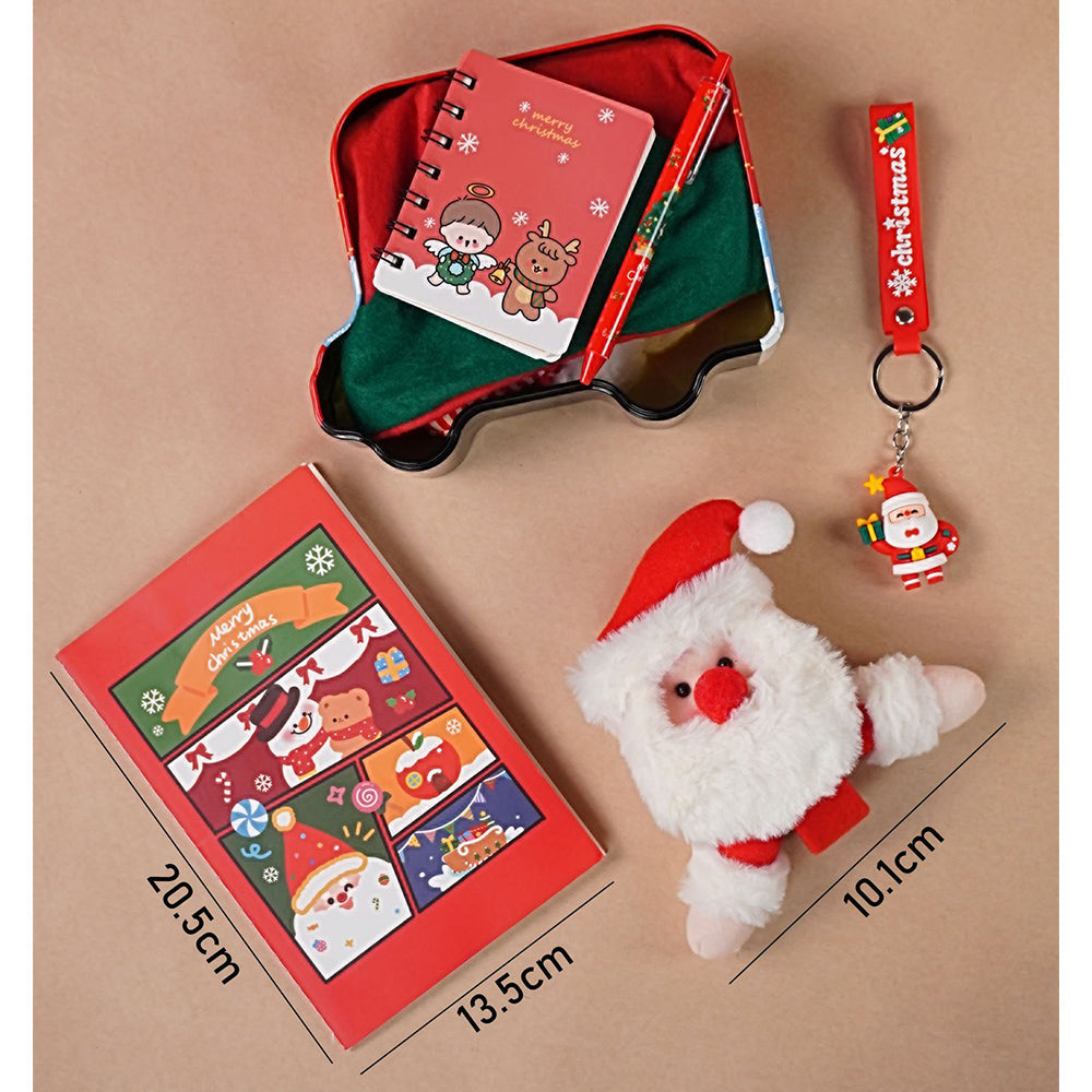 7 Pcs Premium Christmas Gift Combo Set– Red Bus Tin with Notebook, Elf Hat, Wrist Band & Accessories