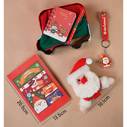 7 Pcs Premium Christmas Gift Combo Set– Red Bus Tin with Notebook, Elf Hat, Wrist Band & Accessories