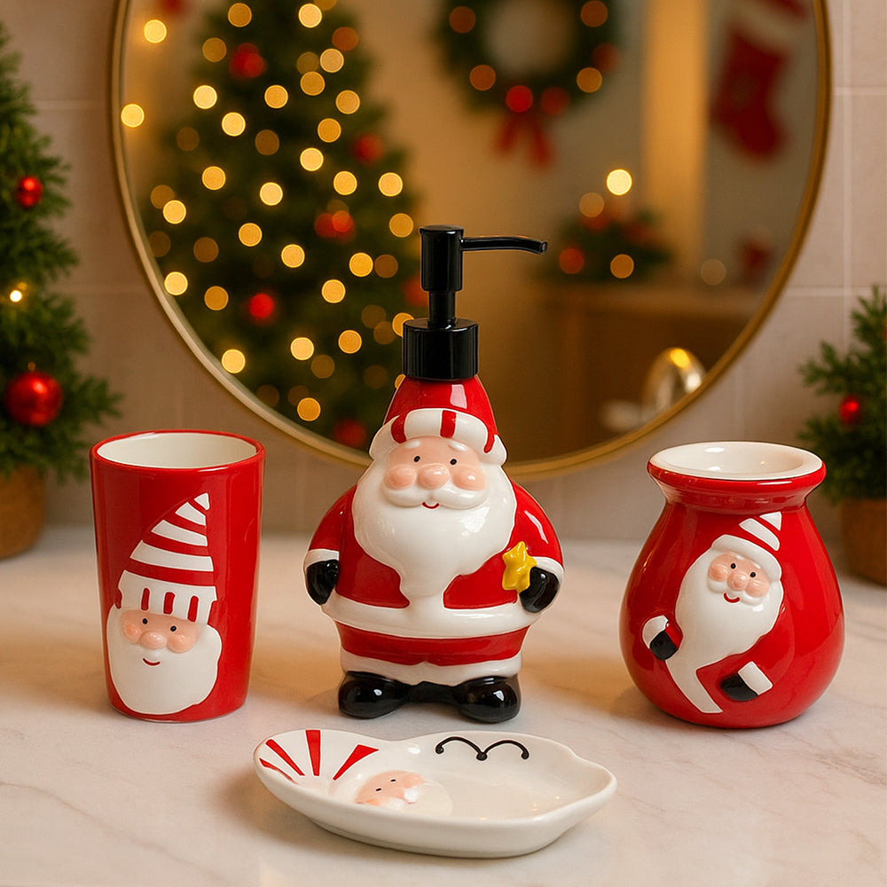 4pcs christmas bathroom Accessories, Soap dispenser,Toothbrush Holder, Tumbler & Soap Dish