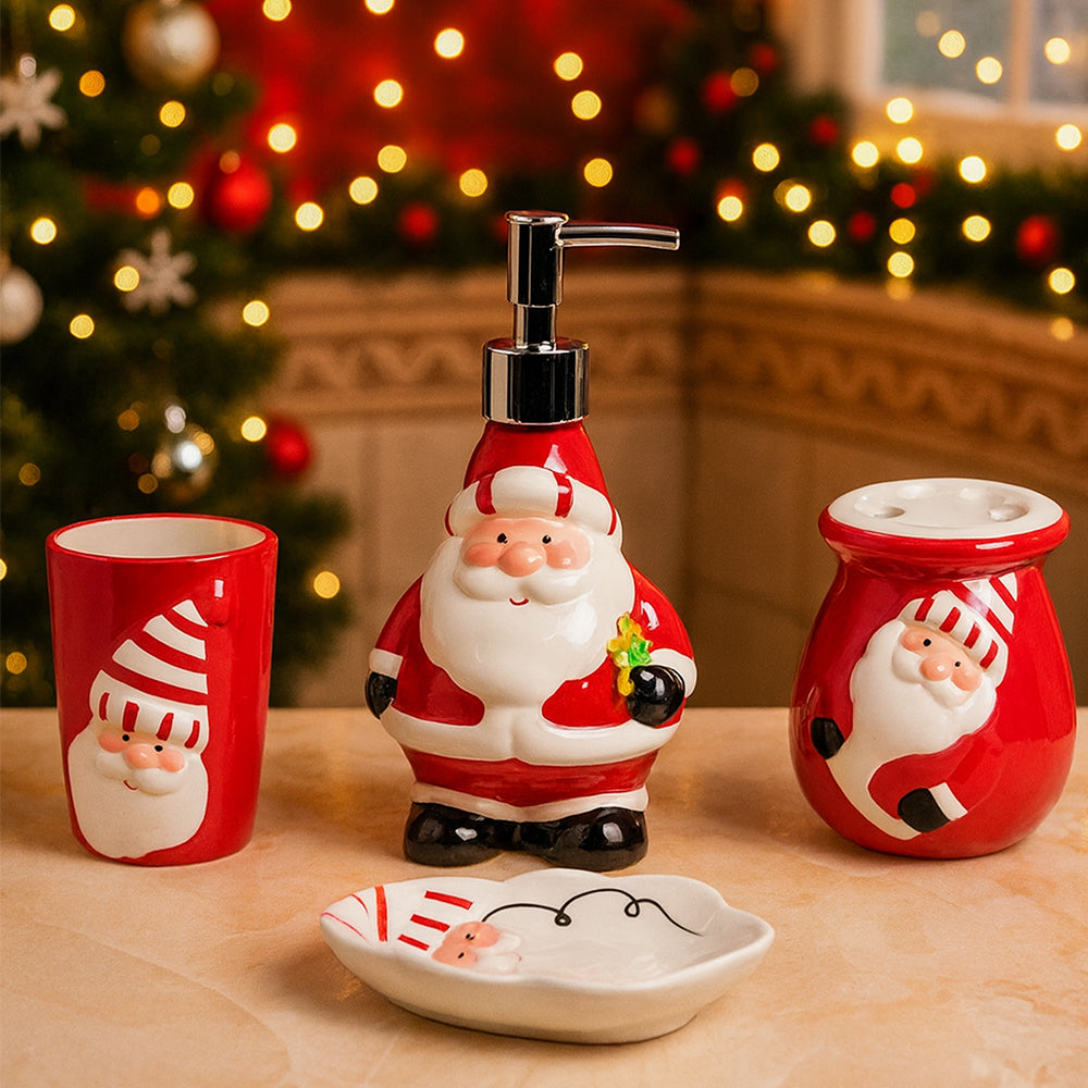 4pcs christmas bathroom Accessories, Soap dispenser,Toothbrush Holder, Tumbler & Soap Dish