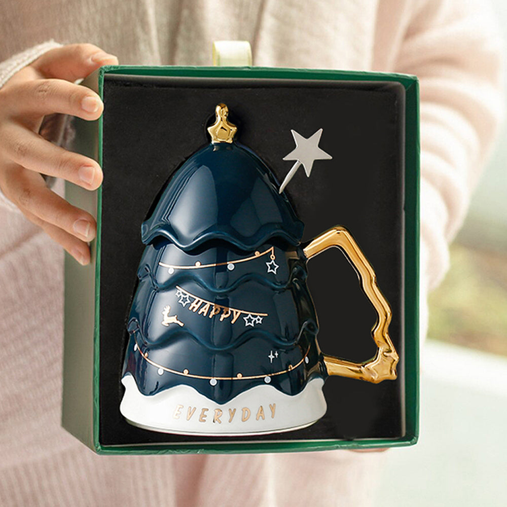 Merry Christmas Ceramic Coffee and Hot Chocolate Mug - Blue Christmas Tree style Cup with Matching Ceramic Lid and embellished Spoon, 330 ml