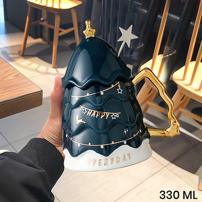 Merry Christmas Ceramic Coffee and Hot Chocolate Mug - Blue Christmas Tree style Cup with Matching Ceramic Lid and embellished Spoon, 330 ml