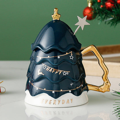 Merry Christmas Ceramic Coffee and Hot Chocolate Mug - Blue Christmas Tree style Cup with Matching Ceramic Lid and embellished Spoon, 330 ml