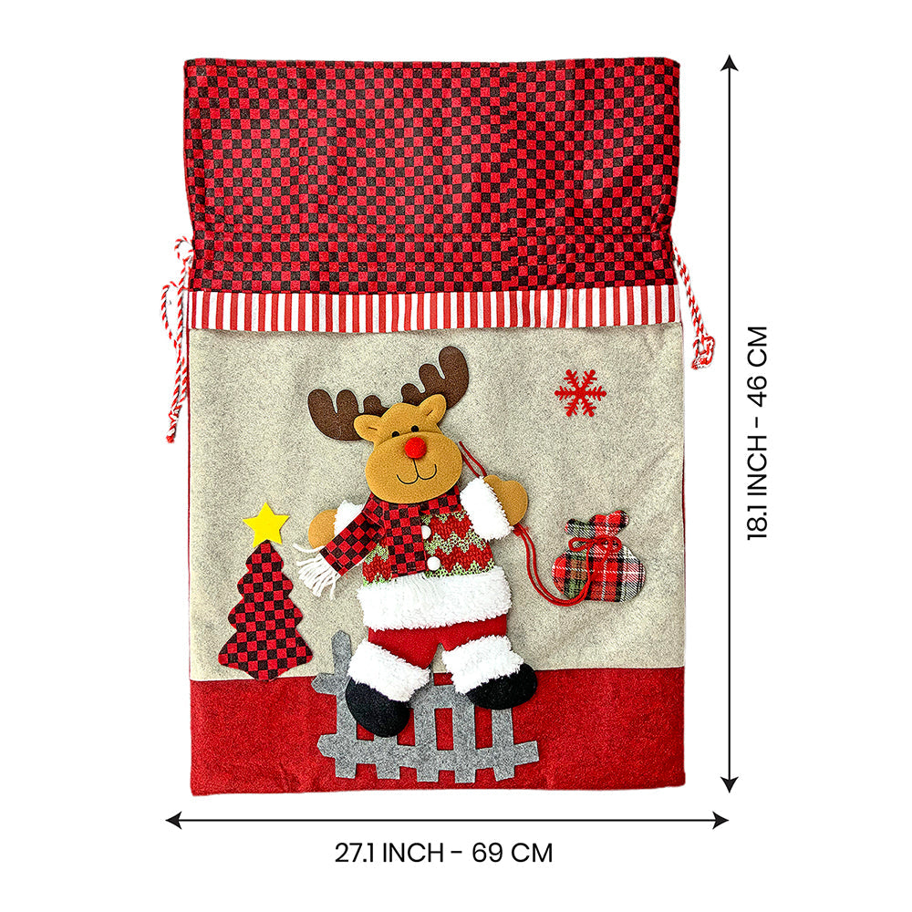 Deer Red & Grey Checks Christmas Sack
