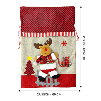 Deer Red & Grey Checks Christmas Sack