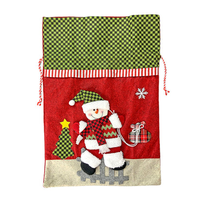 Snowman Green & Red Checks Christmas Sack for Christmas Gifts and Home Décor