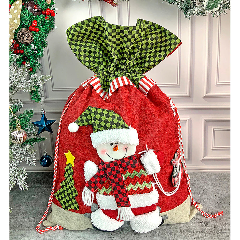 Snowman Green & Red Checks Christmas Sack for Christmas Gifts and Home Décor