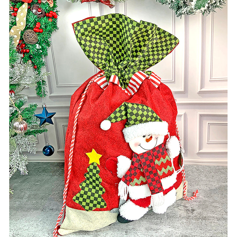 Snowman Green & Red Checks Christmas Sack for Christmas Gifts and Home Décor